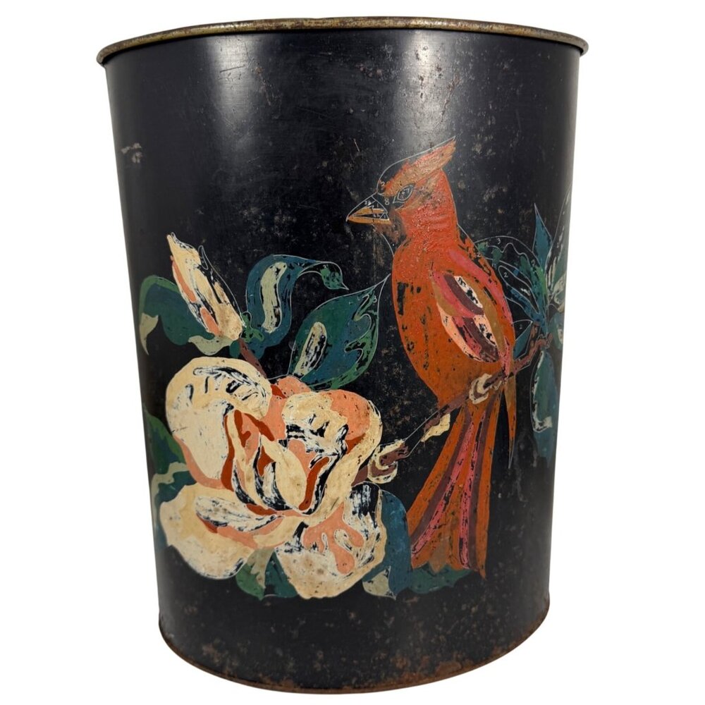 VTG Toleware Metal Hand Painted CARDINAL FLORAL Folk Art Trash Can Waste Basket